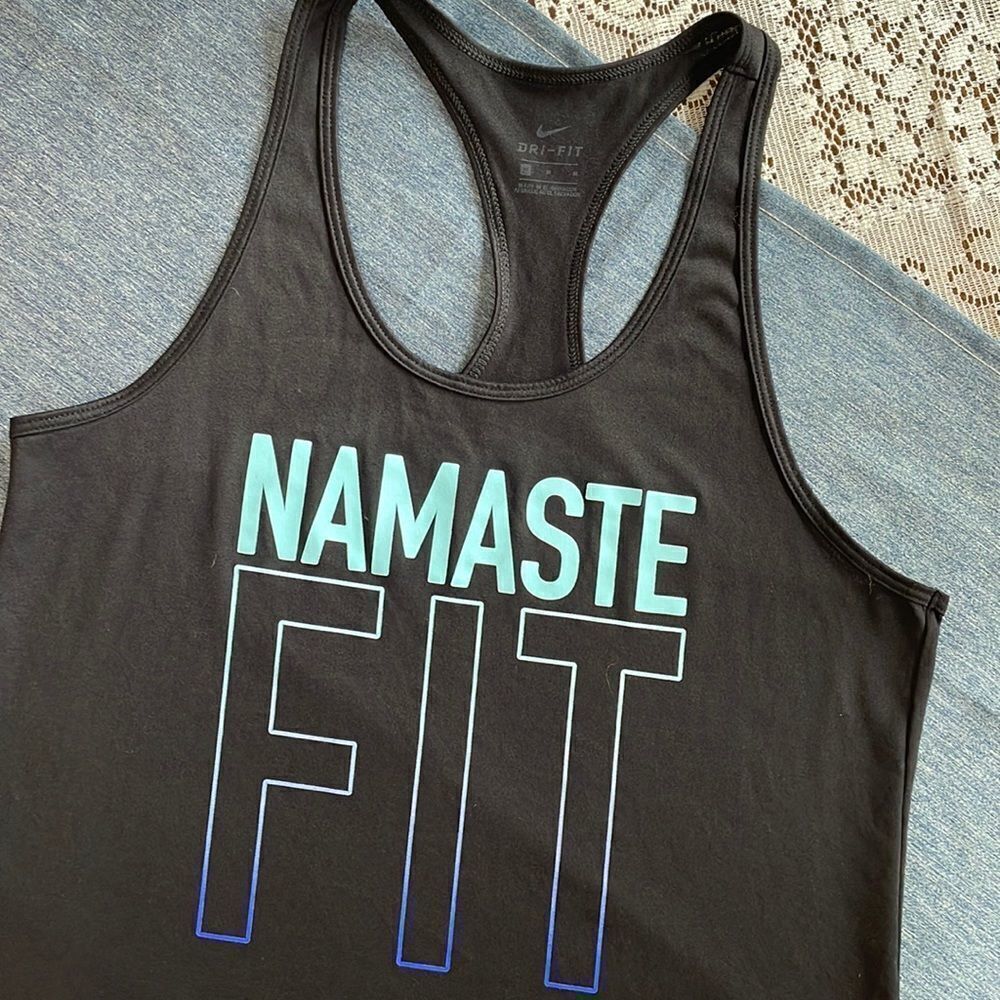 Nike Dri Fit Racerback Black Medium Tank Top NAMASTE FIT swoosh on the back